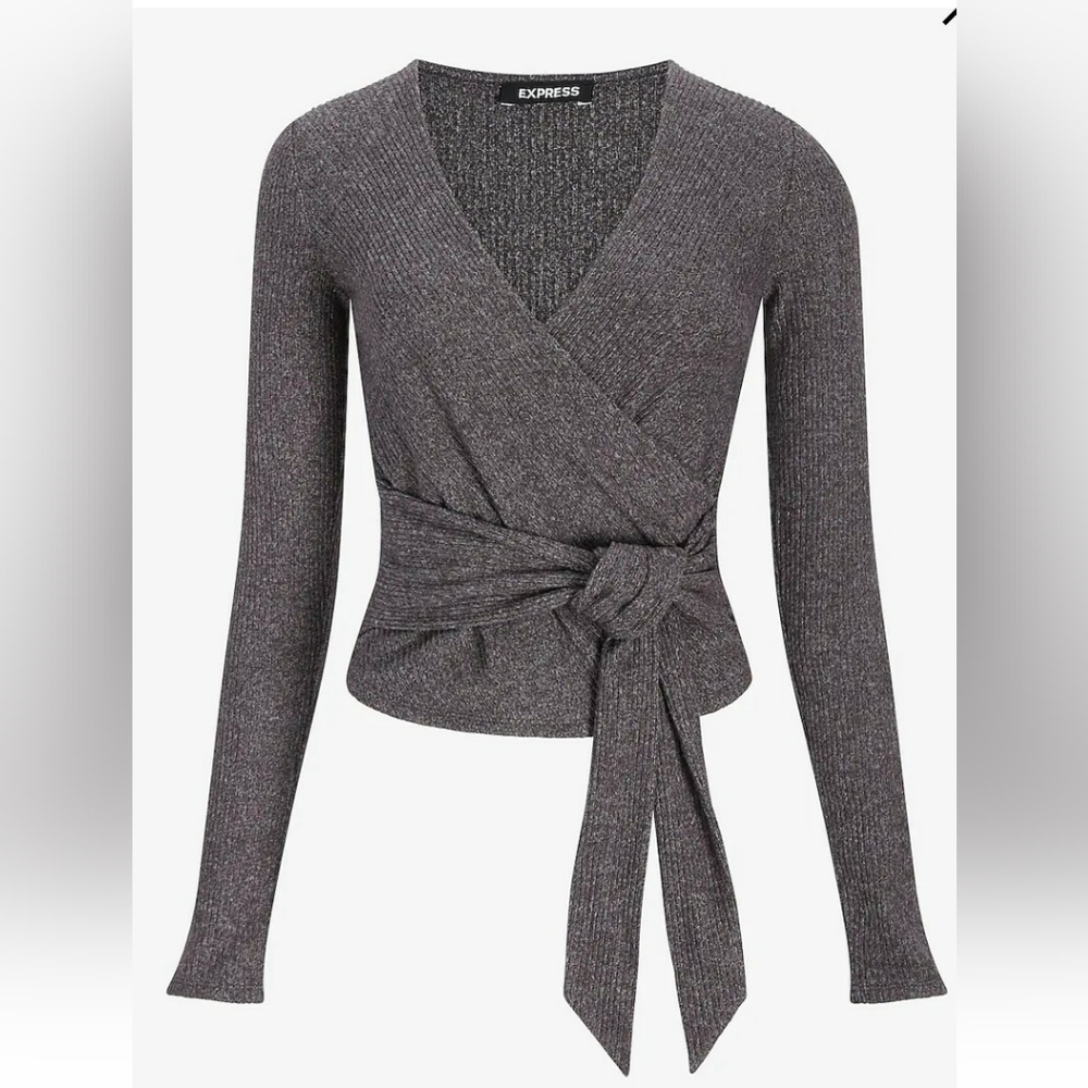 Express charcoal gray ribbed faux wrap top size small nwt